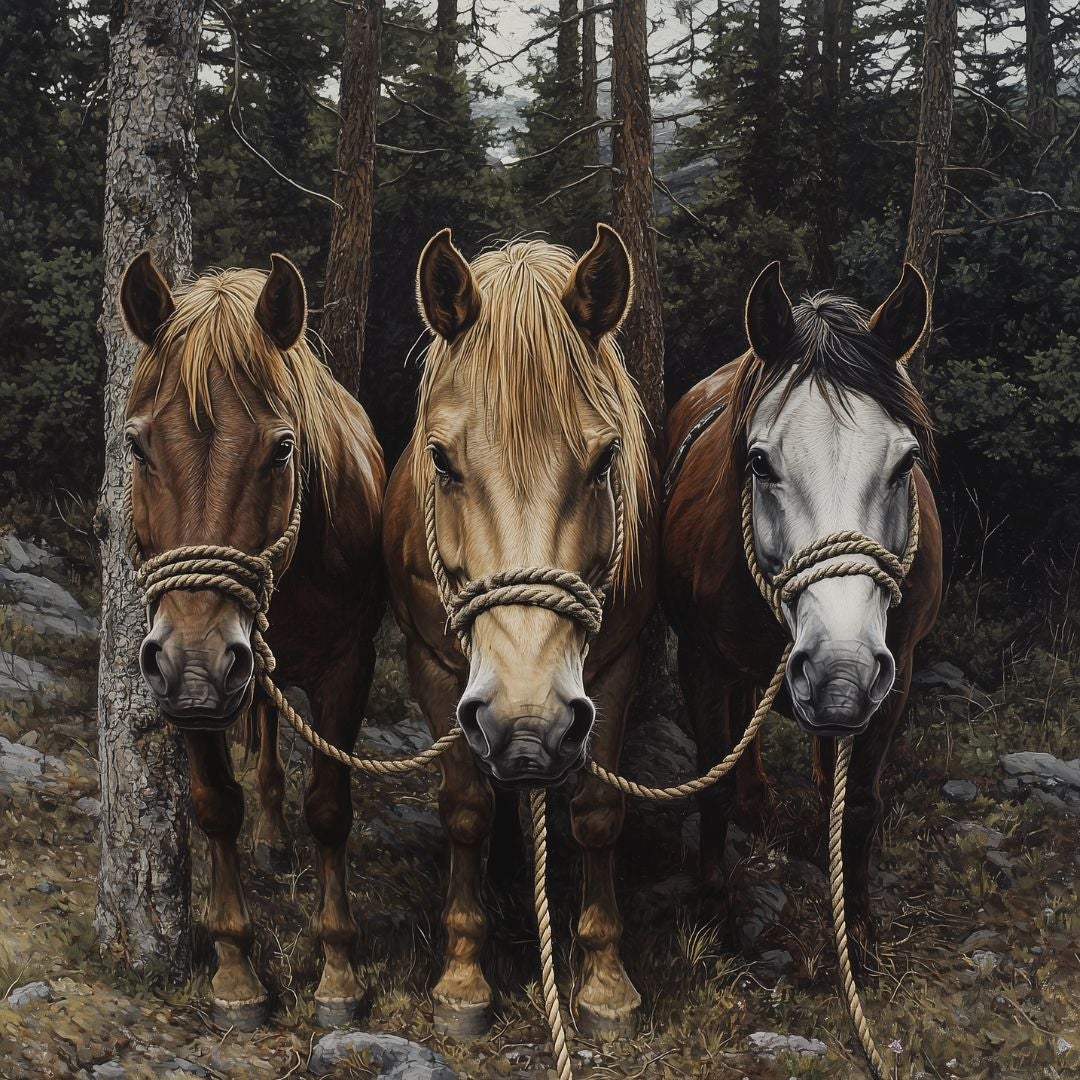 Horses tied to a tree in the valley